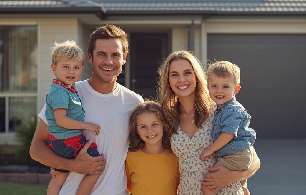Australian family standing in front of their home with solar panels installed on the roof